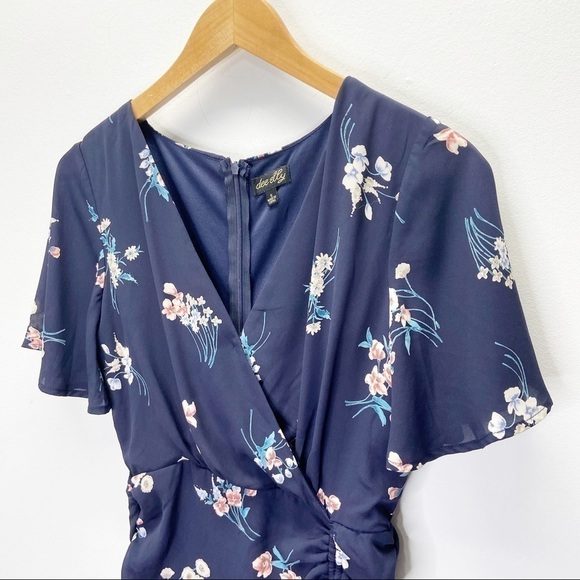 Dee Elly Faux Wrap V Neck Floral Mini Dress Sz S - Picture 3 of 9